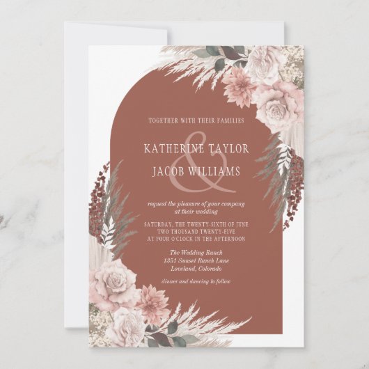 Boho Pampas Grass Terracotta Floral Wedding Invita Kaart (Voorkant)