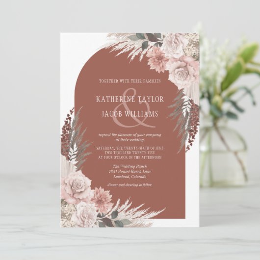 Boho Pampas Grass Terracotta Floral Wedding Invita Kaart (Staand voorkant)