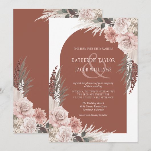 Boho Pampas Grass Terracotta Floral Wedding Kaart (Voorkant / Achterkant)