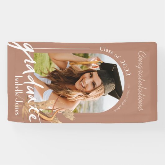 Boho Pampas Grass Terracotta Foto Afstuderen Spandoek (Horizontaal)