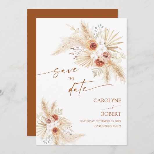 Boho Pampas grass Terracotta Save the Date Kaart (Voorkant / Achterkant)