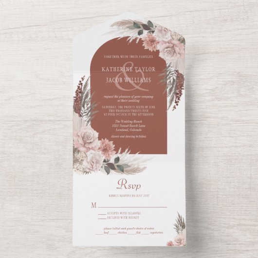 Boho Pampas Grass Terracotta Wedding All In One Uitnodiging (Binnen)