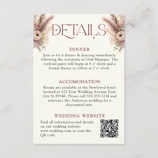 Boho Pampas Grass Terracotta Wedding Details Informatiekaartje (Voorkant)
