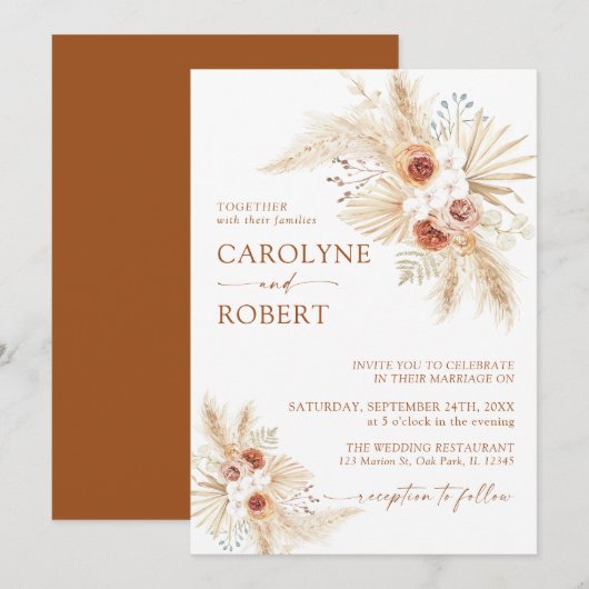 Boho Pampas Grass Terracotta Wedding Invitation Kaart (Voorkant / Achterkant)