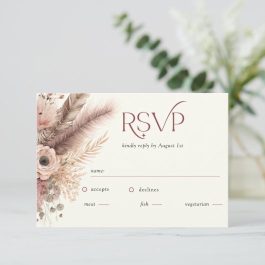 Boho Pampas Grass Terracotta Wedding RSVP Kaart (Staand voorkant)