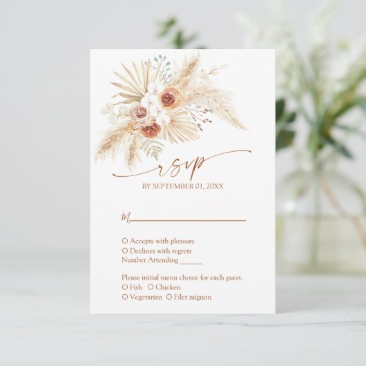Boho Pampas Grass Terracotta Wedding RSVP Kaartje (Staand voorkant)