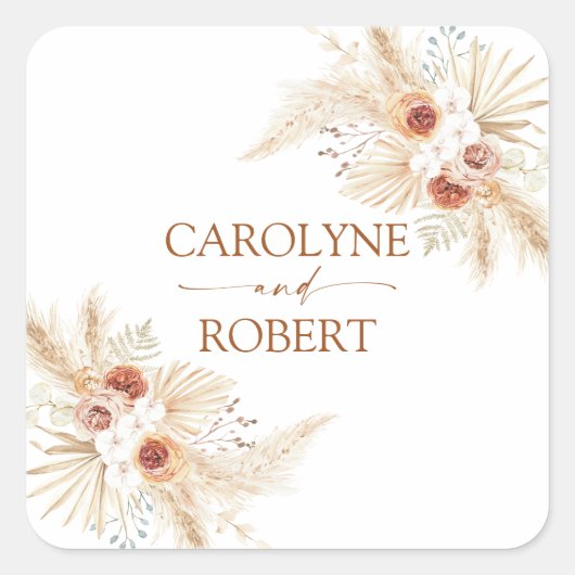 Boho Pampas Grass Terracotta Wedding Vierkante Sticker (Voorkant)
