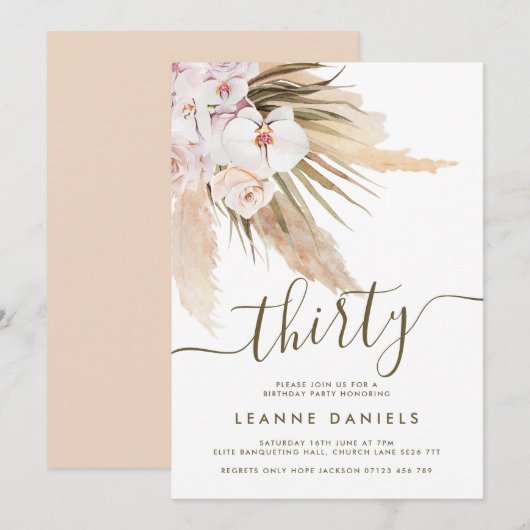 Boho Pampas Grass Thirtieth Birthday Party Kaart (Voorkant / Achterkant)
