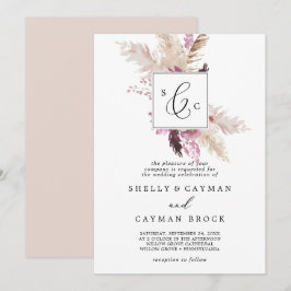 Boho Pampas Grass Traditional Monogram Weddenschap Kaart