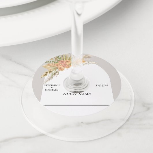 Boho Pampas Grass Tropical Earthy Wedding Wijnglaslabel (Dichtbij)