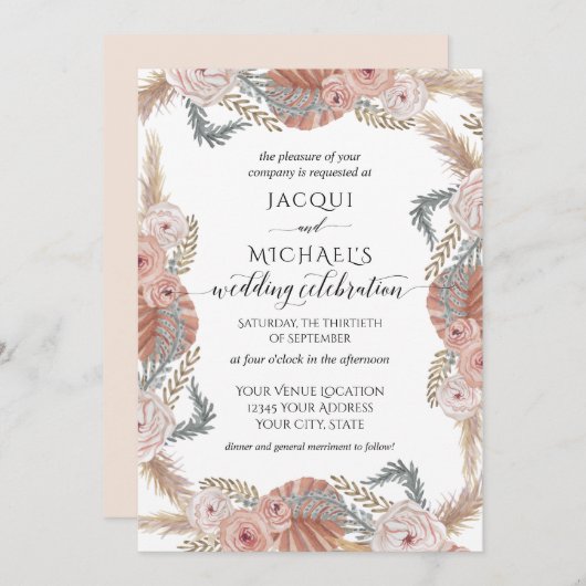 BOHO Pampas Grass Tropische Waterverf Blush Bloeme Kaart (Voorkant / Achterkant)