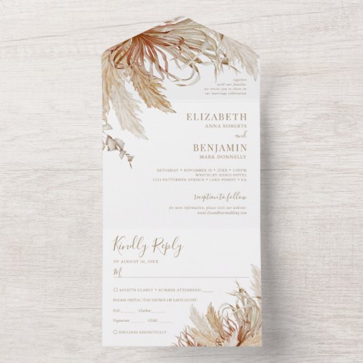 Boho Pampas grass trouwt allemaal in één uitnodigi All In One Uitnodiging (Binnen)