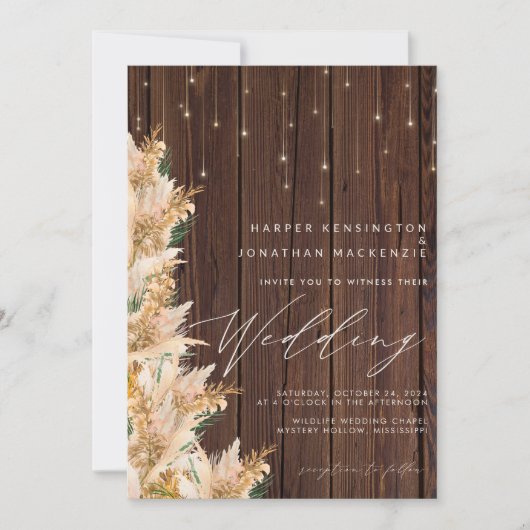 Boho Pampas Grass Twinkle Lights Wood Weddenschap Kaart (Voorkant)