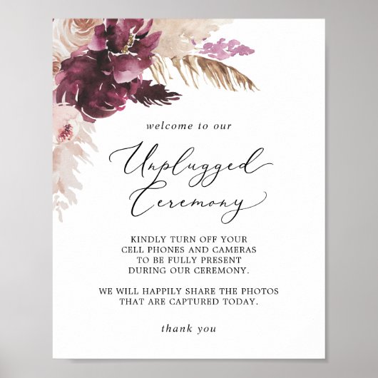 Boho Pampas Grass Unplugged Ceremony Sign Poster (Voorkant)