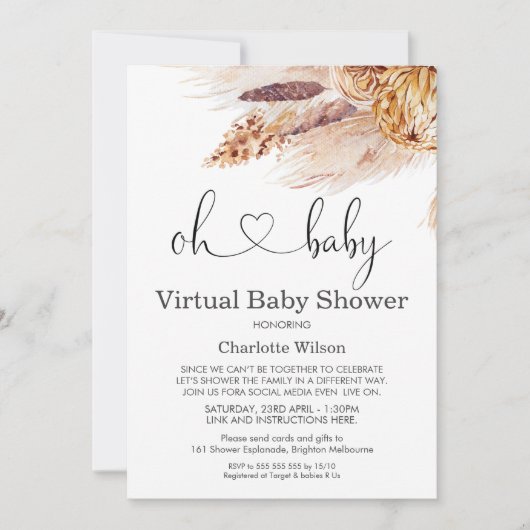 Boho Pampas Grass Virtual Baby shower Invitation Kaart (Voorkant)