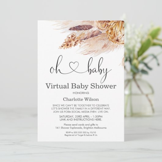 Boho Pampas Grass Virtual Baby shower Invitation Kaart (Staand voorkant)