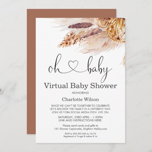 Boho Pampas Grass Virtual Baby shower Invitation Kaart (Voorkant / Achterkant)