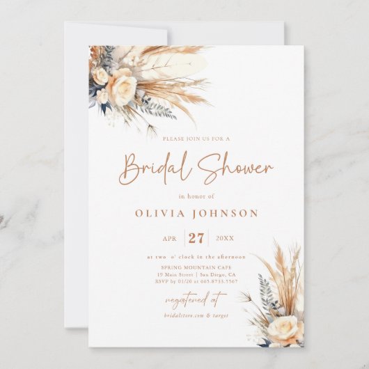 Boho Pampas Grass Vrijgezellenfeest Bloemenuitnodi Kaart (Voorkant)