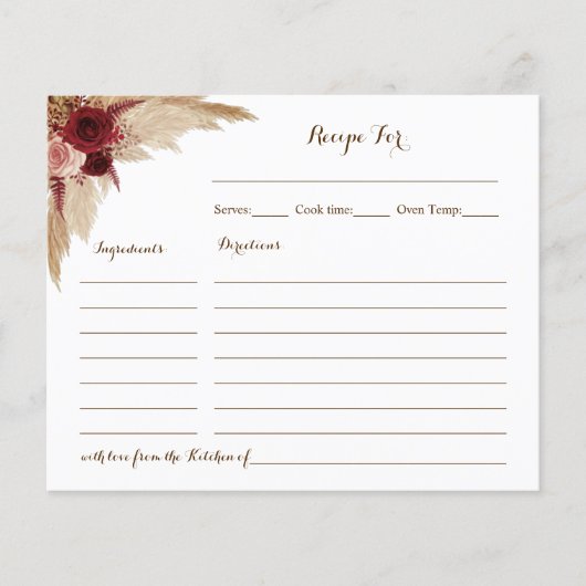 Boho Pampas Grass Vrijgezellenfeest Recipe Card (Voorkant)