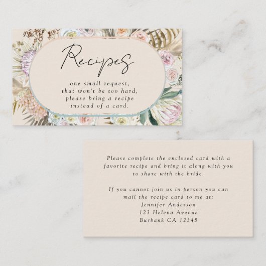 Boho Pampas Grass Vrijgezellenfeest Recipe Request Informatiekaartje (Voorkant / Achterkant)