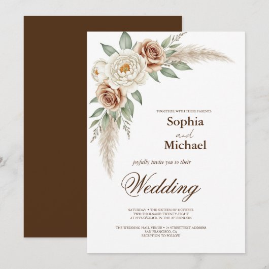 Boho Pampas Grass Waterverf Bloemen Huwelijksuitno Kaart (Voorkant / Achterkant)