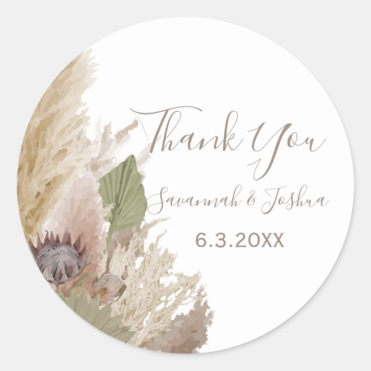 BOHO PAMPAS GRASS WATERVERF DANK U RONDE STICKER (Voorkant)