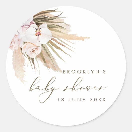 Boho Pampas Grass Waterverf Floral Baby shower Ronde Sticker (Voorkant)