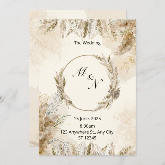 Boho Pampas Grass Waterverf Huwelijksuitnodiging Kaart (Voorkant / Achterkant)