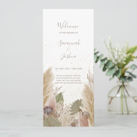 BOHO PAMPAS GRASS WATERVERF WEDDING PROGRAMMA PROGRAMMAKAART (Staand voorkant)