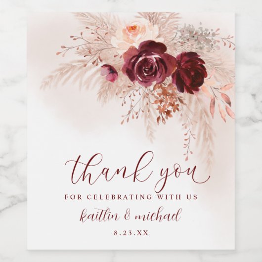 Boho Pampas Grass Wedding Burgundy Rozen Wine Labe Wijn Etiket (Enkel label)