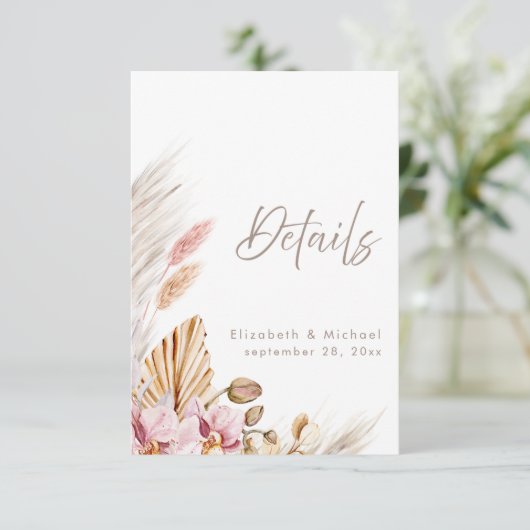 Boho Pampas Grass Wedding Details Card Kaart (Staand voorkant)