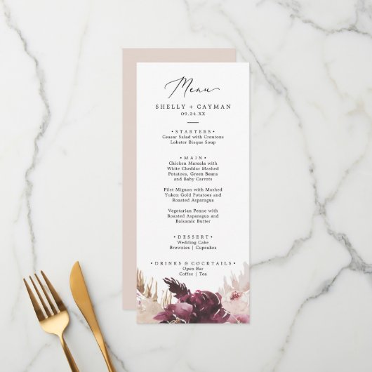 Boho Pampas Grass Wedding Dinner Menu (Voorkant / Achterkant in situ)