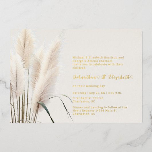 Boho Pampas Grass Wedding Folie Uitnodiging (Voorkant)