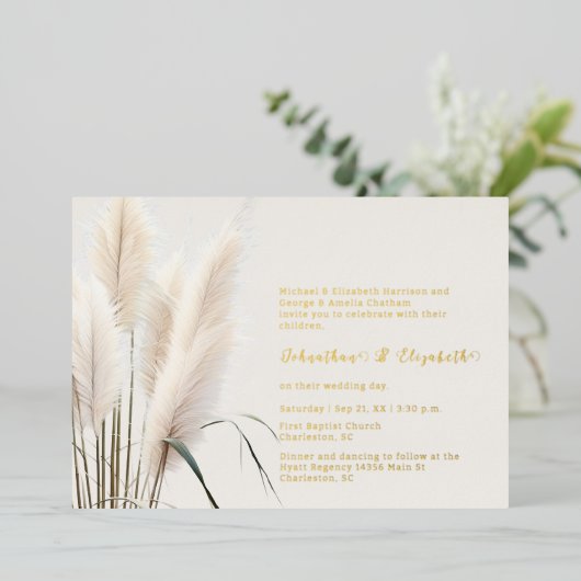 Boho Pampas Grass Wedding Folie Uitnodiging (Staand Voorkant)