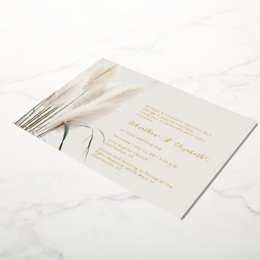 Boho Pampas Grass Wedding Folie Uitnodiging (Gedraaid)