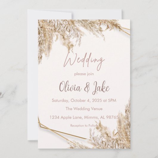 Boho Pampas Grass Wedding Invitation — Beige/Blush Kaart (Voorkant)