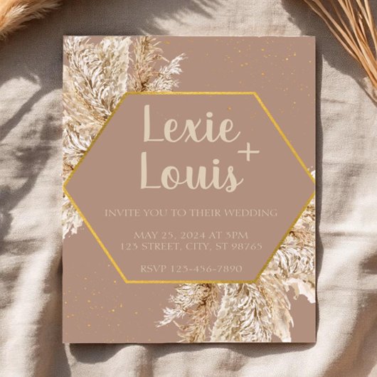 Boho Pampas Grass Wedding Invitation — Beige/Blush Kaart