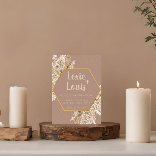 Boho Pampas Grass Wedding Invitation — Beige/Blush Kaart