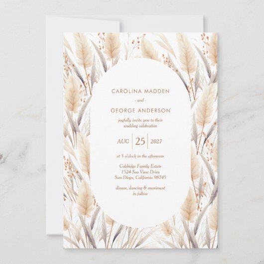 Boho Pampas Grass Wedding Invitation Kaart (Voorkant)
