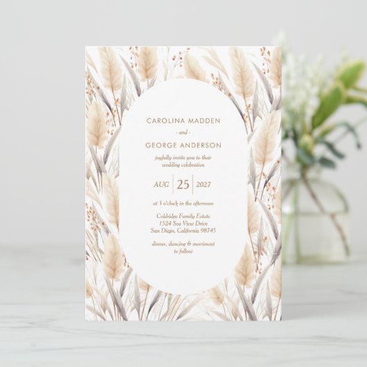 Boho Pampas Grass Wedding Invitation Kaart (Staand voorkant)