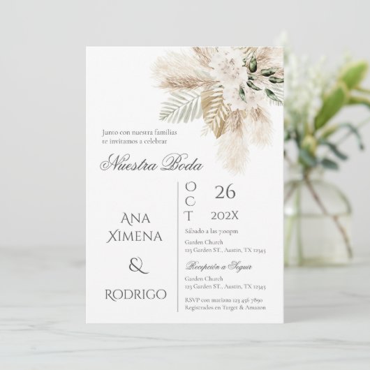 Boho Pampas Grass Wedding Invitation Kaart (Staand voorkant)