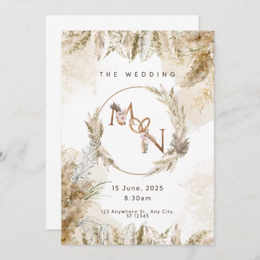 Boho Pampas Grass Wedding Invitation Kaart (Voorkant / Achterkant)