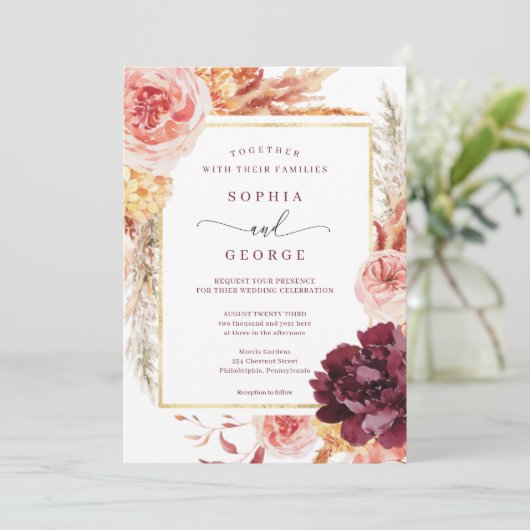 Boho Pampas Grass Wedding Invitation Kaart (Staand voorkant)