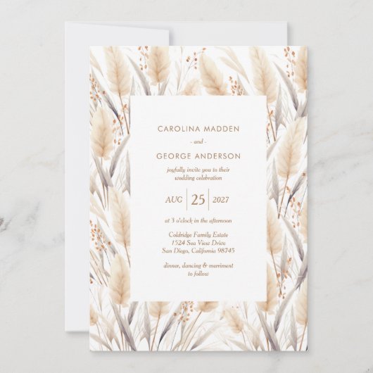 Boho Pampas Grass Wedding Invitation Kaart (Voorkant)