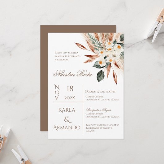 Boho Pampas Grass Wedding Invitation Kaart (Voorkant / Achterkant in situ)