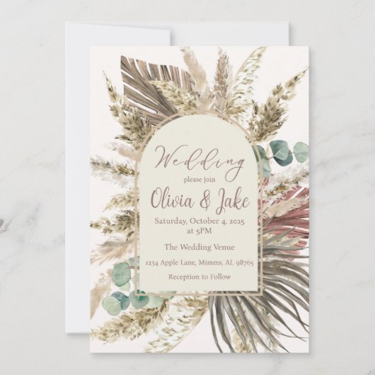 Boho Pampas Grass Wedding Invitation — Sage Green Kaart (Voorkant)