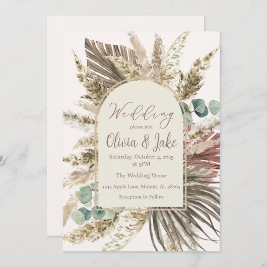 Boho Pampas Grass Wedding Invitation — Sage Green Kaart (Voorkant / Achterkant)