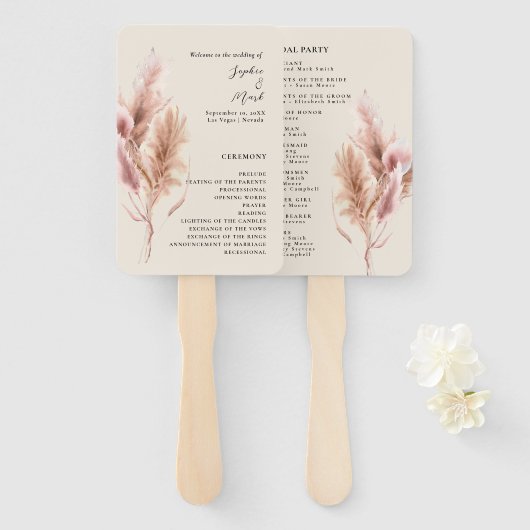 Boho Pampas Grass Wedding Program Hand Fan Handwaaier (Voorkant en achterkant)