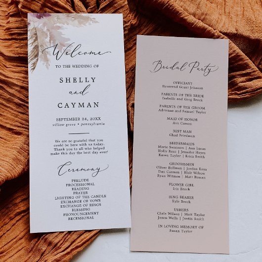Boho Pampas Grass Wedding Programme Programmakaart