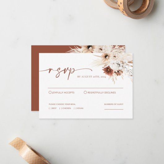 Boho Pampas Grass Wedding RSVP-kaart Notitiekaartje (Voorkant / Achterkant in situ)